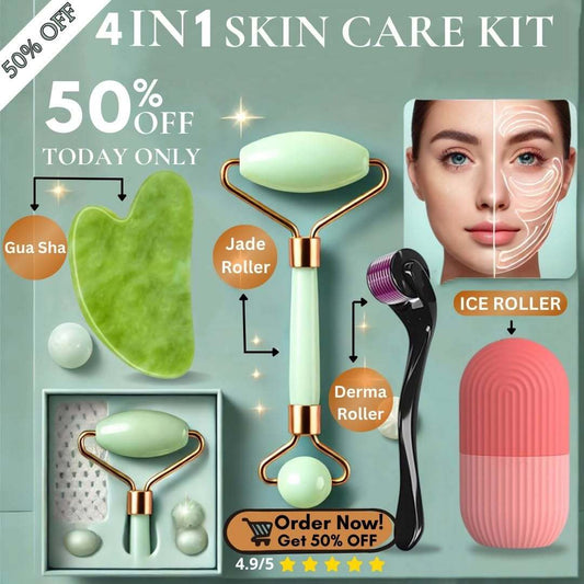 4 in 1 Combo Pack Jade Roller, Gua Sha, Ice Face Roller & Derma Roller for Glow Skin